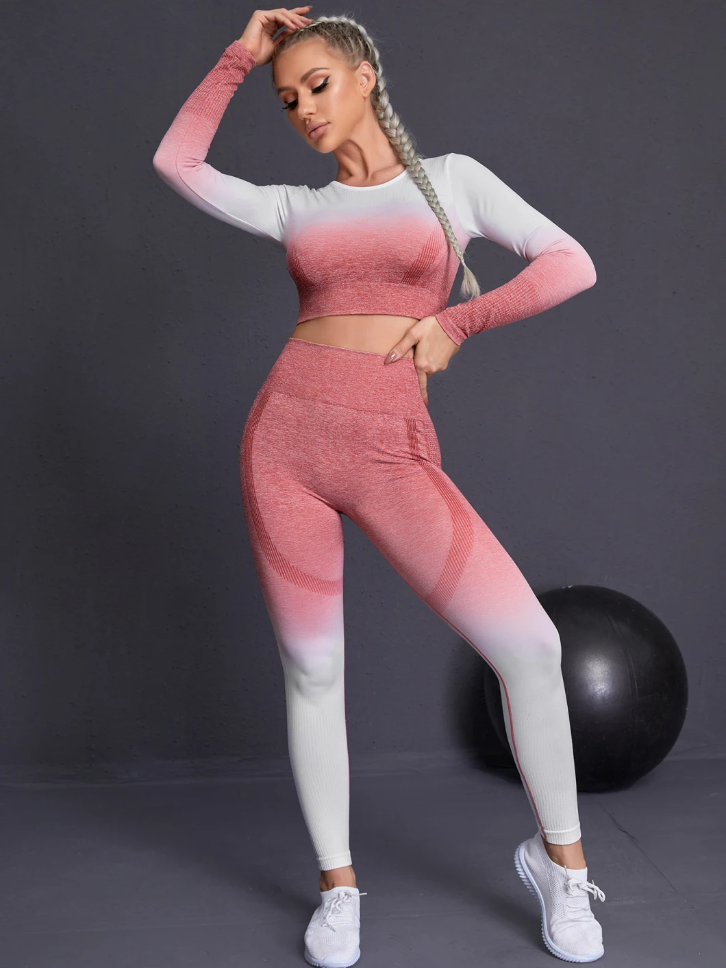 Ombre Gym Set Women Sport Suit Fitness Wear Sportswear Seamless Leggings Long Sleeve Tops Padded Sports Bras Yoga Sets Workout Clothing