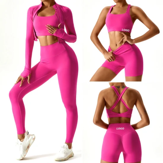 새로운 도착 2/3/4PCS 여성을위한 섹시한 달리기 운동복, 맞춤형 로고 피트니스 요가 세트 엉덩이 리프팅 반바지 + 레깅스 + 체육관 브라 + 지퍼 자켓 Activewear